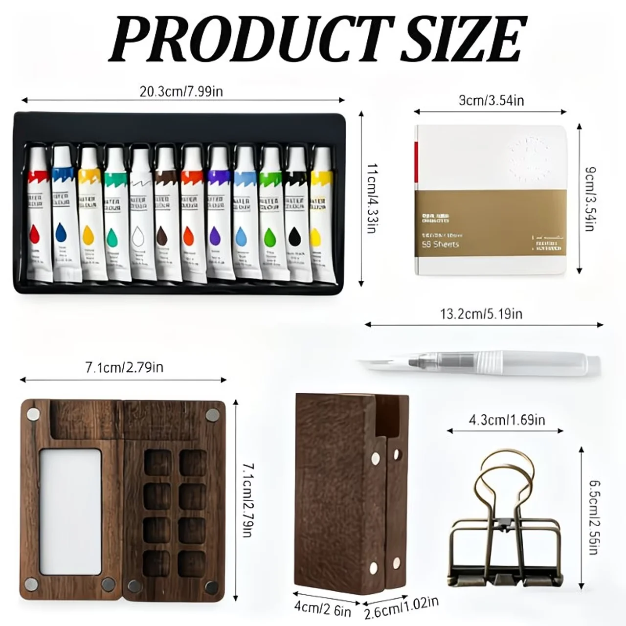 Carried Canvas product size chart: palette 7.1cm, sketchbook 9cm, water brush 13.2cm, binder clip 6.5cm