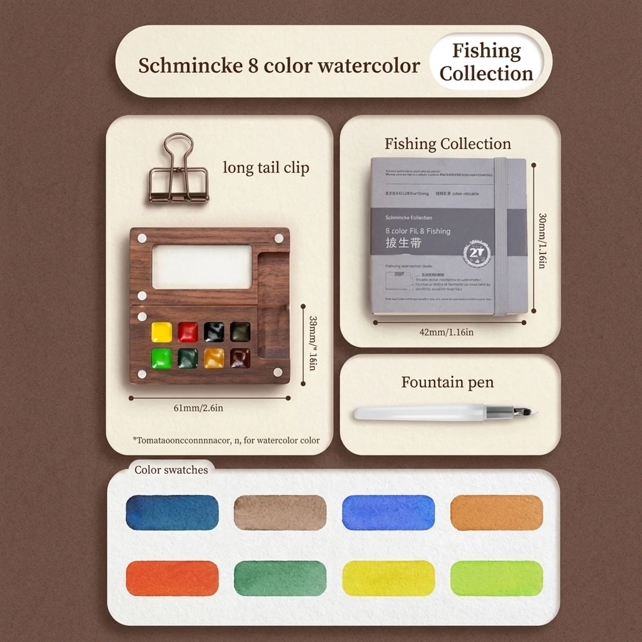 Carried Canvas size details: Schmincke-inspired 8-color walnut palette, long-tail clip and Fishing Collection sketchbook size chart