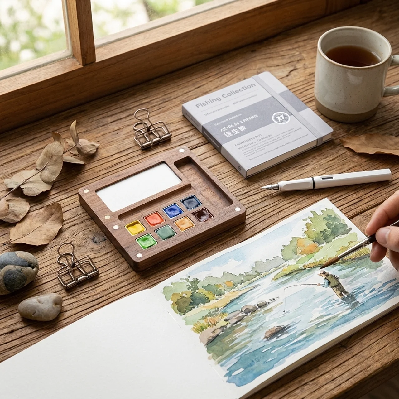 Carried Canvas kit in use: walnut palette, 8 vibrant pans, Fishing Collection sketchbook, aqua brush and hand-painted river scene