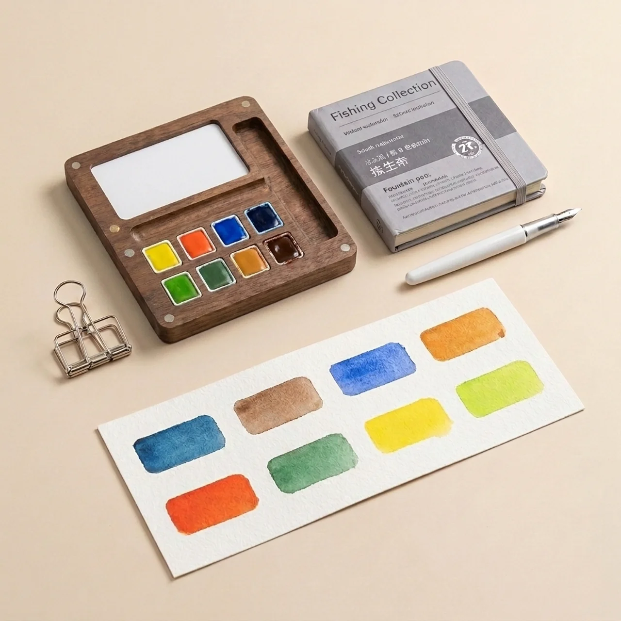 Carried Canvas 8-color mini travel watercolor kit flatlay: walnut palette, 8 vibrant pans, Fishing Collection sketchbook, aqua brush, long-tail binder clip and painted color swatches
