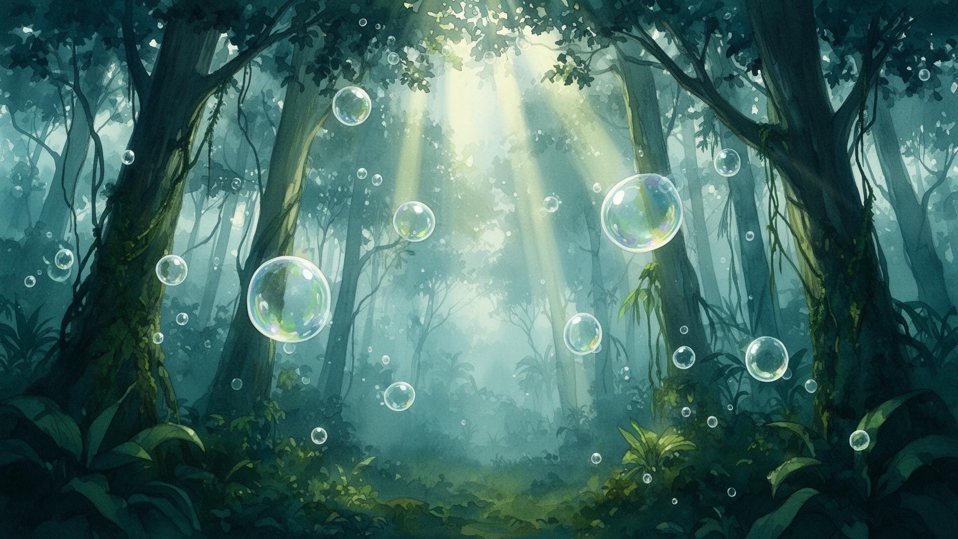 Misty jungle canopy with floating bubbles